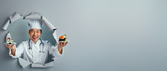 A smiling chef in a white toque presents dessert through a white paper opening