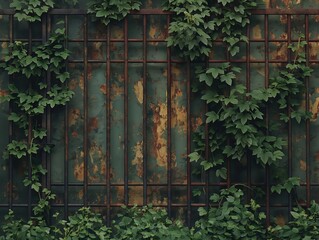 A green wall with vines growing out of a rusty fence. The vines are covering the fence and the wall, giving the impression of a natural, wild environment. The rusty fence adds a sense of age