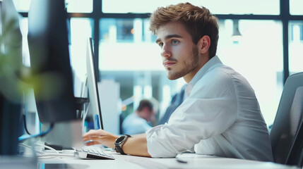 Male architect working in office, businessman at work, businessman in office working on computer