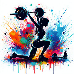 silhouette of woman bodybuilding-weightlifting in vibrant color blot - 781474353