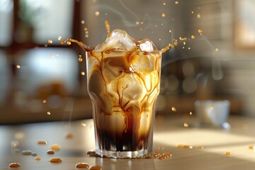 Glass filled with ice and coffee with milk on table, iced coffee - Powered by Adobe