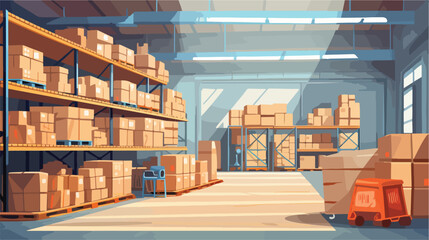 Interior of large warehouse with goods in wooden co - obrazy, fototapety, plakaty