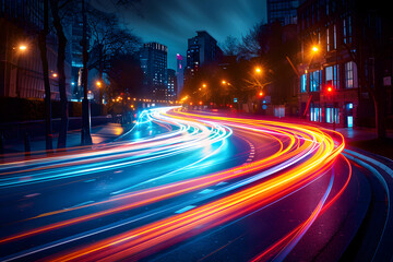 Fototapeta na wymiar A long-exposure photograph of traffic trails on a busy city street