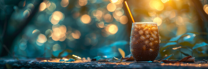 Sparkling Cold Drink in Nature with Golden Sunlight - obrazy, fototapety, plakaty