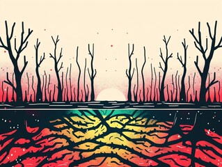 Underwater scene showing coral bleaching and dying marine life due to ocean acidification, a call to protect marine ecosystems, Environmental Issue Concept.