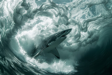 A powerful great white shark bursts through the swirling waters, its fierce gaze and sharp teeth...