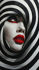 Surrealist painting of woman with makeup and red lips looking at camera while standing in weird spiral.