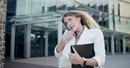 Woman, commute and city with phone call, late and urban rush or new york office building. Lady, stress and time delay with documents, appointment and panic with schedule and stress for business