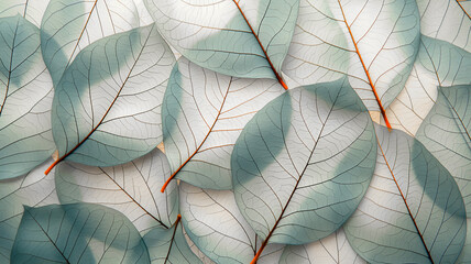 Background of leaves close up. Macro texture of leaf veins. Top view, flat lay.