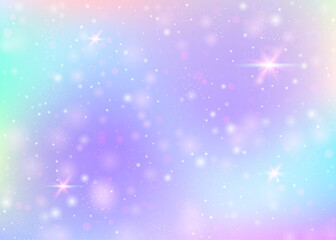 Holographic background with rainbow mesh. Multicolor universe banner in princess colors. Fantasy gradient backdrop with hologram. Holographic unicorn background with fairy sparkles, stars and blurs.
