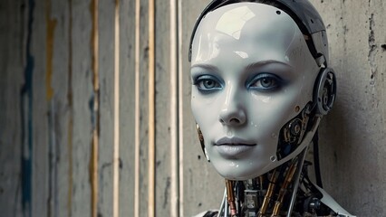 Female humanoid robot, close-up. future concept