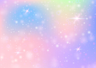 Magic background with rainbow mesh. Multicolor universe banner in princess colors. Fantasy gradient backdrop with hologram. Holographic magic background with fairy sparkles, stars and blurs.