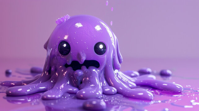 A purple blob with a face is covered in purple goo