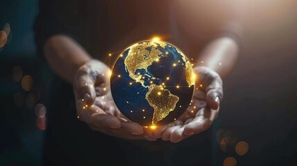 Digital representation of Earth held in hands, glowing with connectivity nodes and lines, symbolizing global networks and communication.
