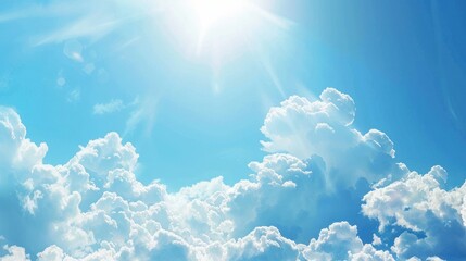 Bright blue sky with white clouds and sunbeams at summer background. AI generated - obrazy, fototapety, plakaty