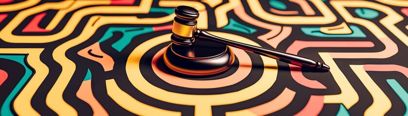An abstract of a legal maze, with a gavel at the center, illustrating the complexity of navigating the law. - obrazy, fototapety, plakaty