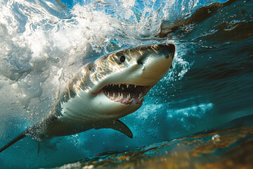 A powerful great white shark bursts through the swirling waters, its fierce gaze and sharp teeth...