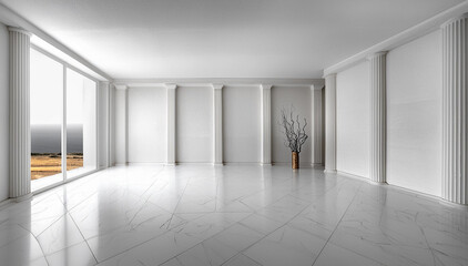 large white room in a luxurious loft. interesting wall design with plants, atmospheric light, for presentations, product design and art	
