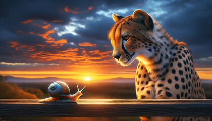 Snail and cheetah pause to admire a sunset together, a serene moment reflecting the beauty of nature's unexpected friendships. - obrazy, fototapety, plakaty