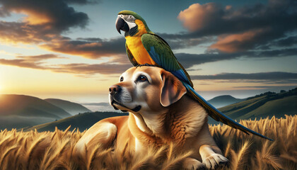 Lively parrot perched on a relaxed dog, both gazing into the horizon, a scene embodying improbable animal friendships. - obrazy, fototapety, plakaty