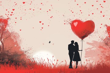 Explore Romantic Artistry with Trendy Illustrations of Love Couples, Red Hearts & Modern Love Art in Valentine Designs for Enamoring, Affectional Visuals - obrazy, fototapety, plakaty