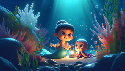 Young mermaid and baby octopus share stories under the ocean's glow, depicting camaraderie between contrasting beings. - obrazy, fototapety, plakaty