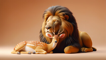 Different species, lion and deer, rest side by side in peace, showcasing the bond of unlikely friendships in the wild.