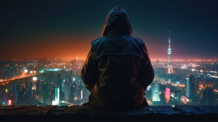 A silhouette of a man in hooded jacket sitting on a ledge looking at the night futuristic city. Retrofuturism art photography illustration. Beautiful neon lights and deep shadows.