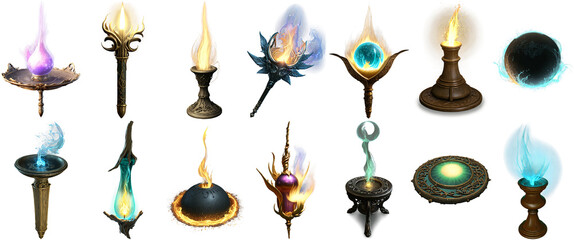 Assorted magic items isolated on transparent background. Perfect for enchanting designs and creative projects.