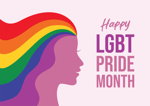 Happy LGBT Pride Month poster with a female face vector illustration. Female head in profile with long rainbow hair icon. Template for background, banner, card. LGBT love symbol. Important day