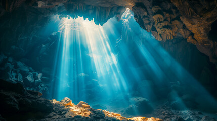 A mysterious passage in the cave illuminated by delicate rays of sunlight. Tajemnicze przejście w jaskini oświetlone delikatnymi promieniami słońca - obrazy, fototapety, plakaty