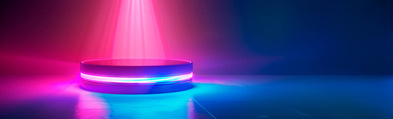 The majestic allure of a futuristic pedestal bathed in the glow of neon beams, a fusion of technology and art. Designer Gamer Platform. The stage for music videos. Banner. Copy space