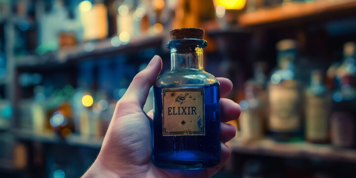 Hand Holding Vintage Elixir Bottle in Antique Apothecary