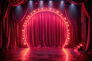 Theater red curtain and neon lamp around border.