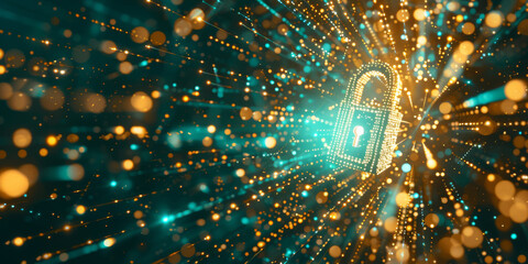 Cybersecurity Data Protection with Glowing Digital Lock and Network Connections - obrazy, fototapety, plakaty