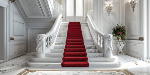 Elegant Grand Staircase with Red Carpet in Luxurious Interior
