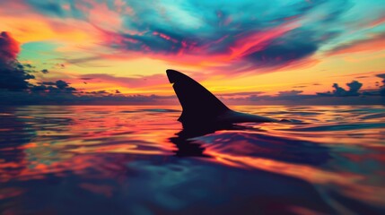 shark in the sea at sunset