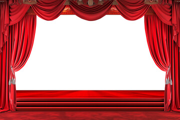 Red velvet curtain on classic theatre stage, opening event, isolated on transparent background, png file