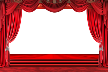 Red velvet curtain on classic theatre stage, opening event, isolated on transparent background, png file