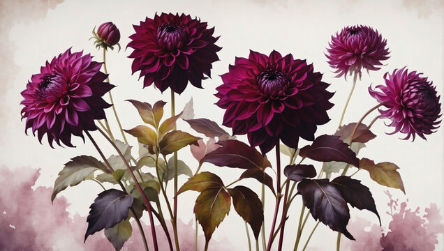 Exquisite dahlias against a watercolor canvas of deep burgundy and magenta, adding a touch of drama and sophistication.