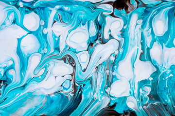 abstract painting, blue black white turquoise paint pour background, paint pour wallpaper