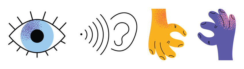 Group of diverse happy smiling disabled people and guide dog, eye, puzzle, sign language, braille with an assortment of different handicaps , vector illustration isolated on a white background