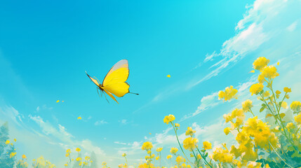 Borboleta amarela voando no céu azul - Ilustração