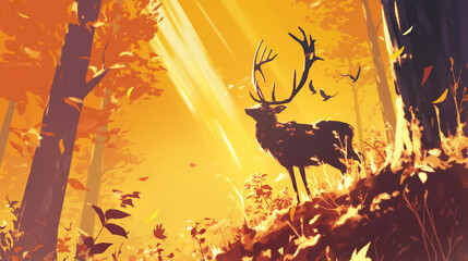 Cervo na floresta ao por do sol - Ilustração