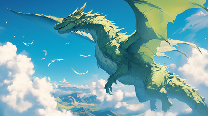 Dragão verde voando no céu azul - Ilustração - obrazy, fototapety, plakaty