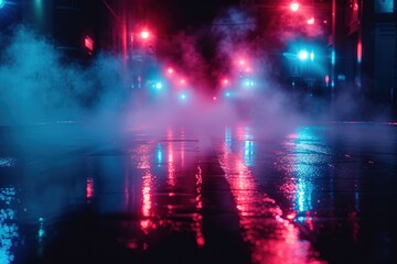 Wet asphalt, reflection of neon lights, a searchlight, smoke. Smoke, smog. Dark background scene of empty street, night view, night city. Neon red and blue light.