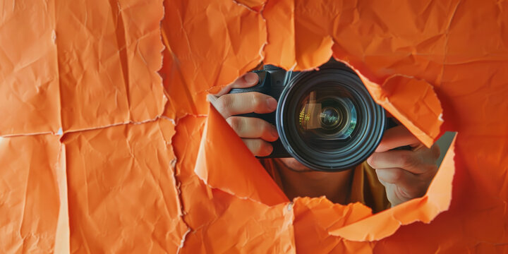 Photographer Peering Through Orange Paper Torn Hole with Camera Lens
