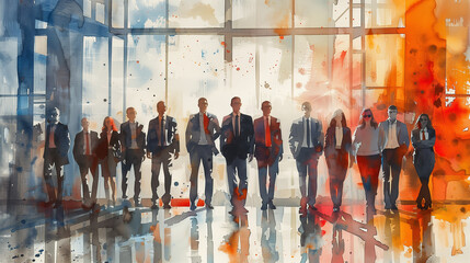 Tableau à l'aquarelle représentant une équipe de collaborateurs d'une grande entreprise, équipe dirigeante et cadres d'organisations dans un environnement de travail moderne