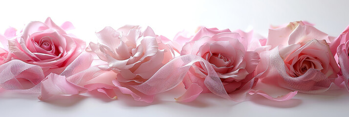 Pastel Pink Roses Adorned with Soft Ribbons on White Background