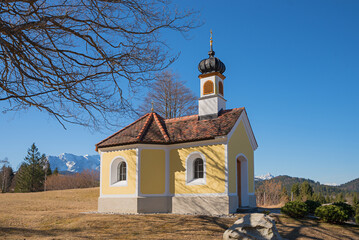 beautiful pilgrimage chapel Maria Rast, Krun. landscape in march - 781478346